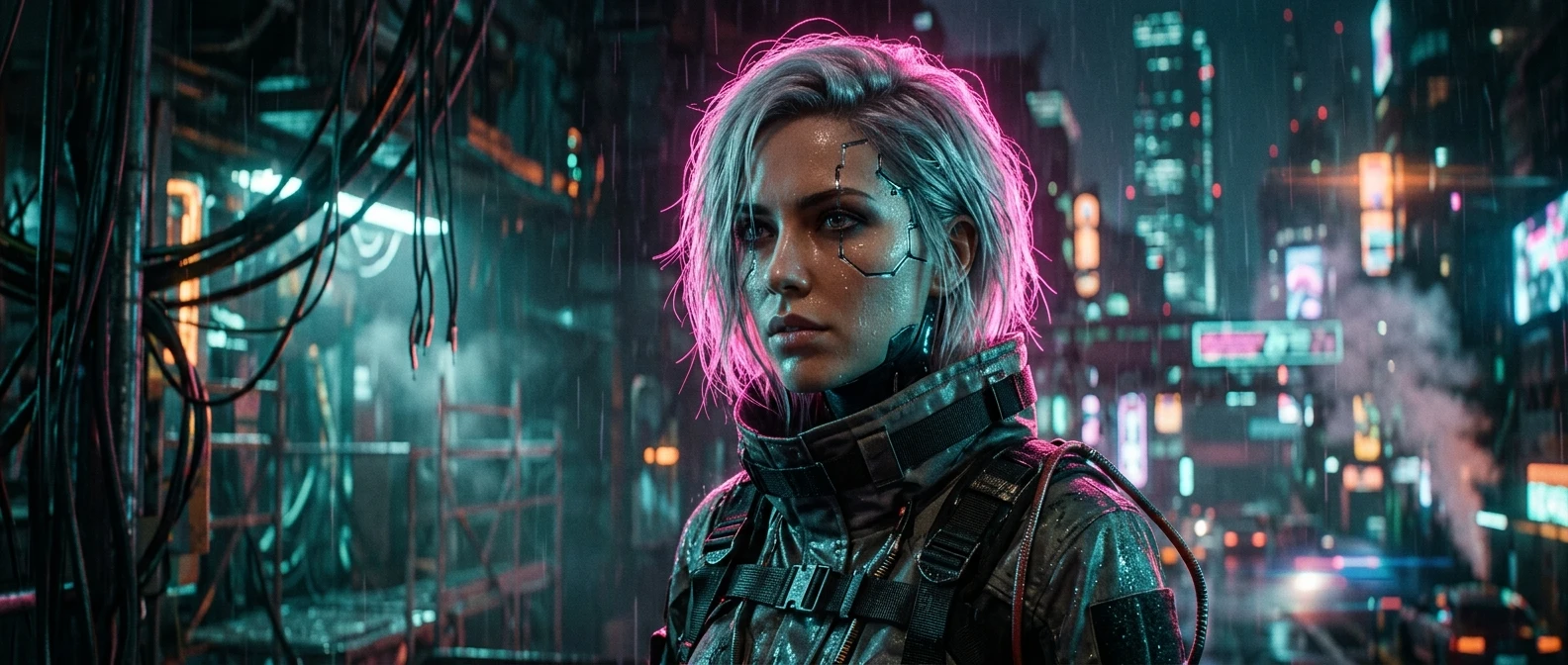 A close-up cyberpunk portrait of a woman with silver hair, her face lit by harsh magenta rim light from behind and cool cyan fill from the side, background dissolved into soft neon bokeh in teal and orange.