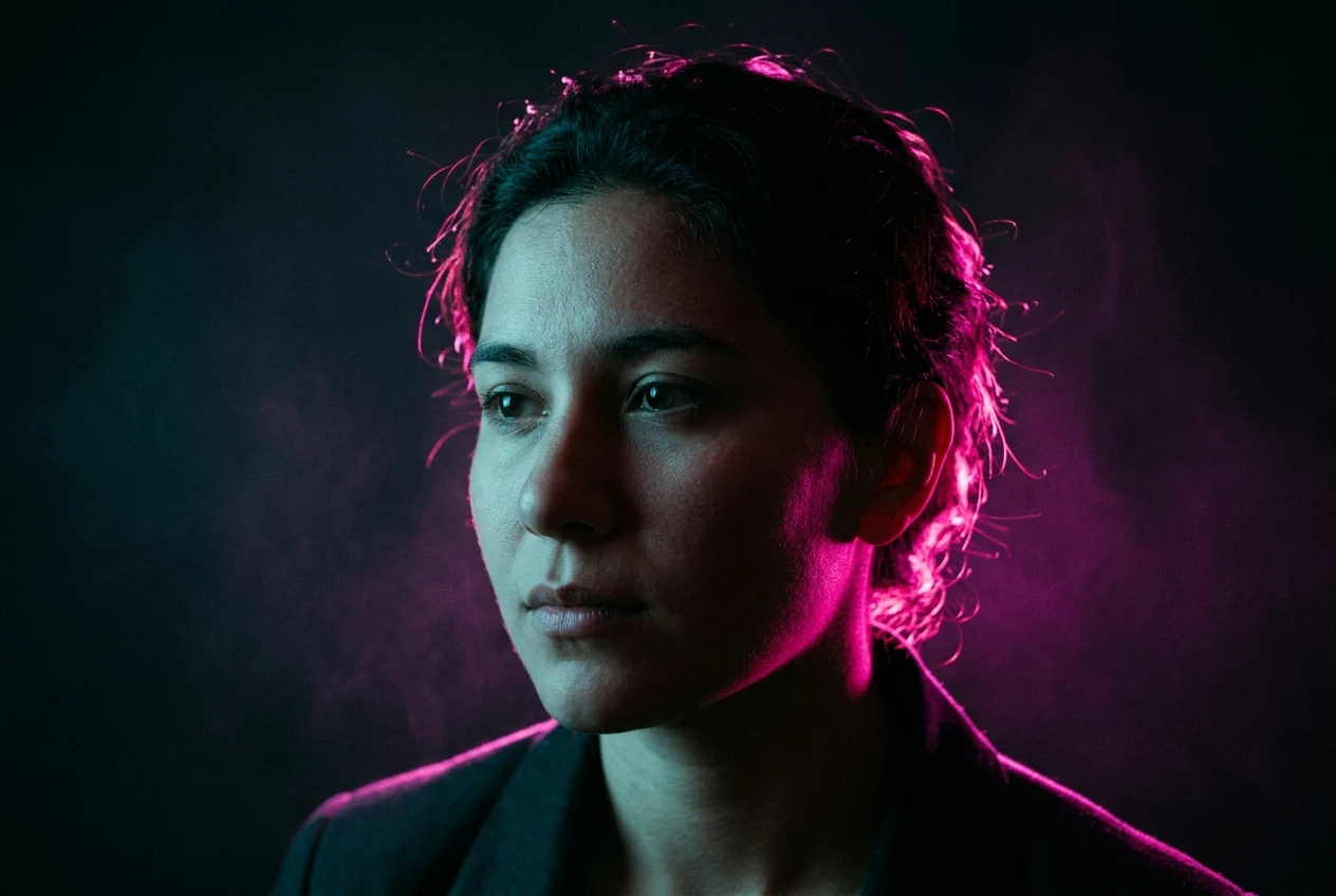 A face split by two distinct light sources: a hard magenta rim light outlining the hair and shoulder from behind, and a softer cyan fill from the left keeping the skin visible, dark background between the two colored glows.