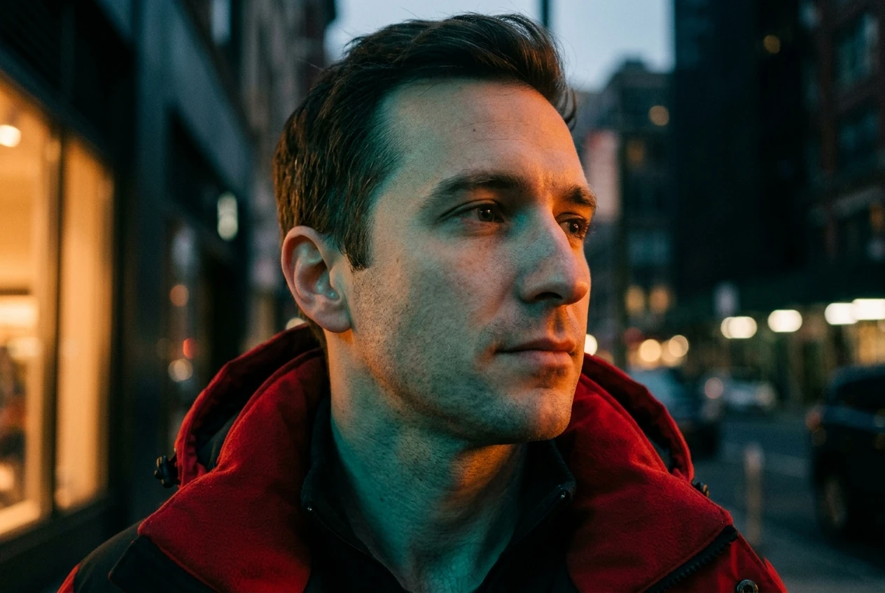 A portrait graded with teal-tinted shadows pooling around the jaw and neck and warm orange highlights catching the cheekbone and brow, the red of a jacket collar holding its color against the surrounding cool-warm palette.