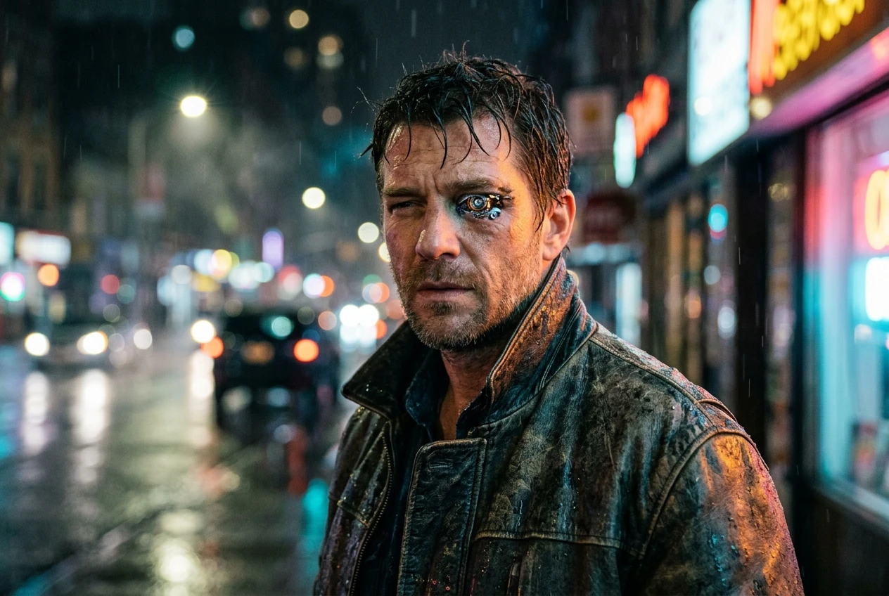A shoulders-up photograph-style portrait of a man in a worn leather jacket with a glowing cybernetic eye, neon sign glow washing in from the right, a rain-soaked street with soft blurred lights visible behind him.