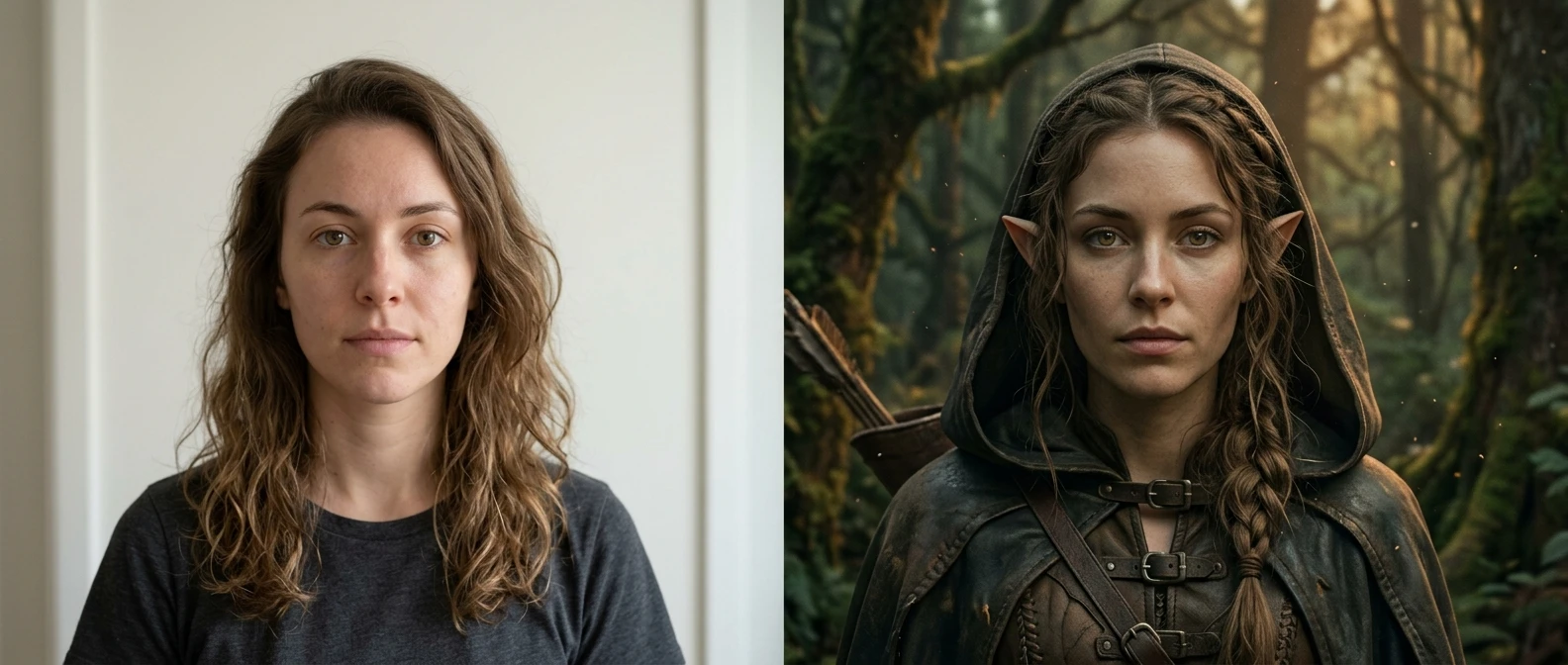 A split-screen image: on the left a plain, evenly lit headshot photo against a blank wall, on the right the same face transformed into a fantasy elf ranger with pointed ears, a hooded leather cloak, and muted forest-green lighting, the facial features clearly matching between the two.