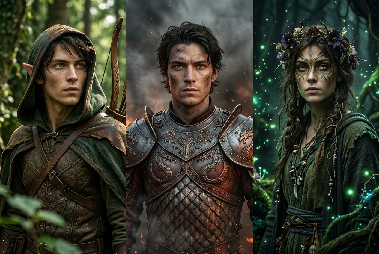 Three side-by-side fantasy portraits generated from the same source face: an elf ranger in a hooded cloak with a bow, a dragon knight in open-faced scaled armor against a smoky background, and a forest witch with a flower crown and glowing green particles in the air.