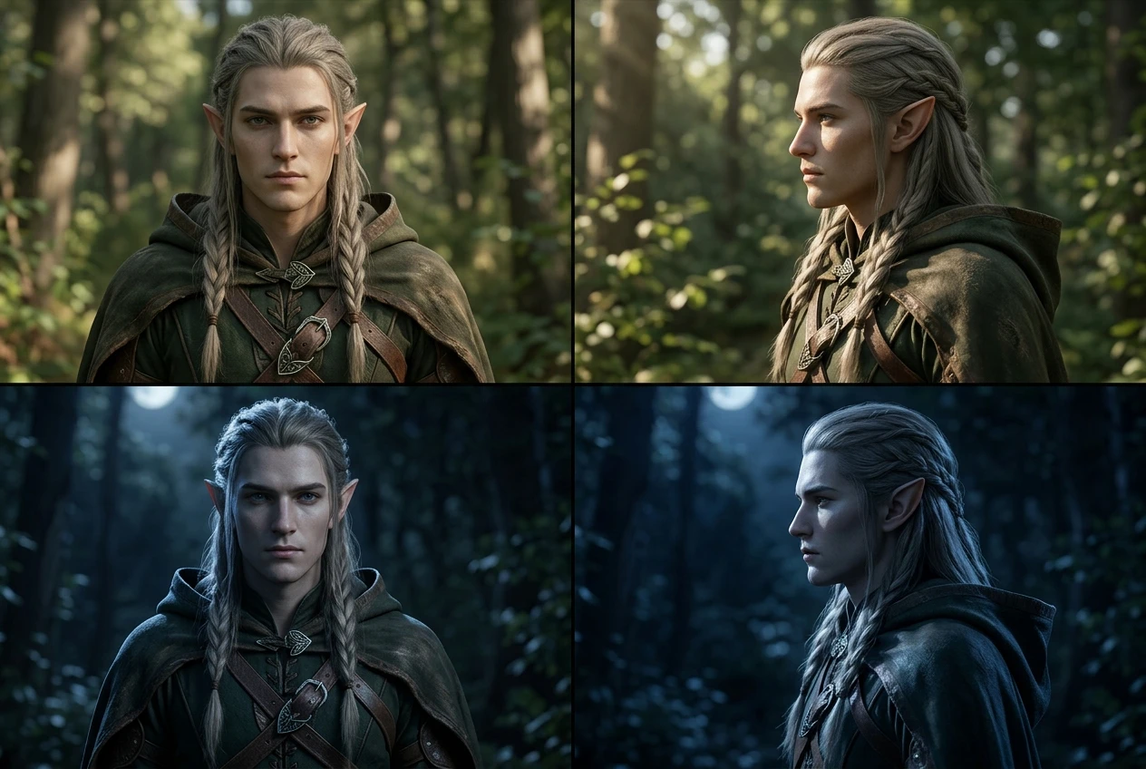 A grid of consistent character portraits showing the same elf ranger face and costume from a front view and a side profile, plus a daylight and a moonlit version, arranged like a character reference sheet.