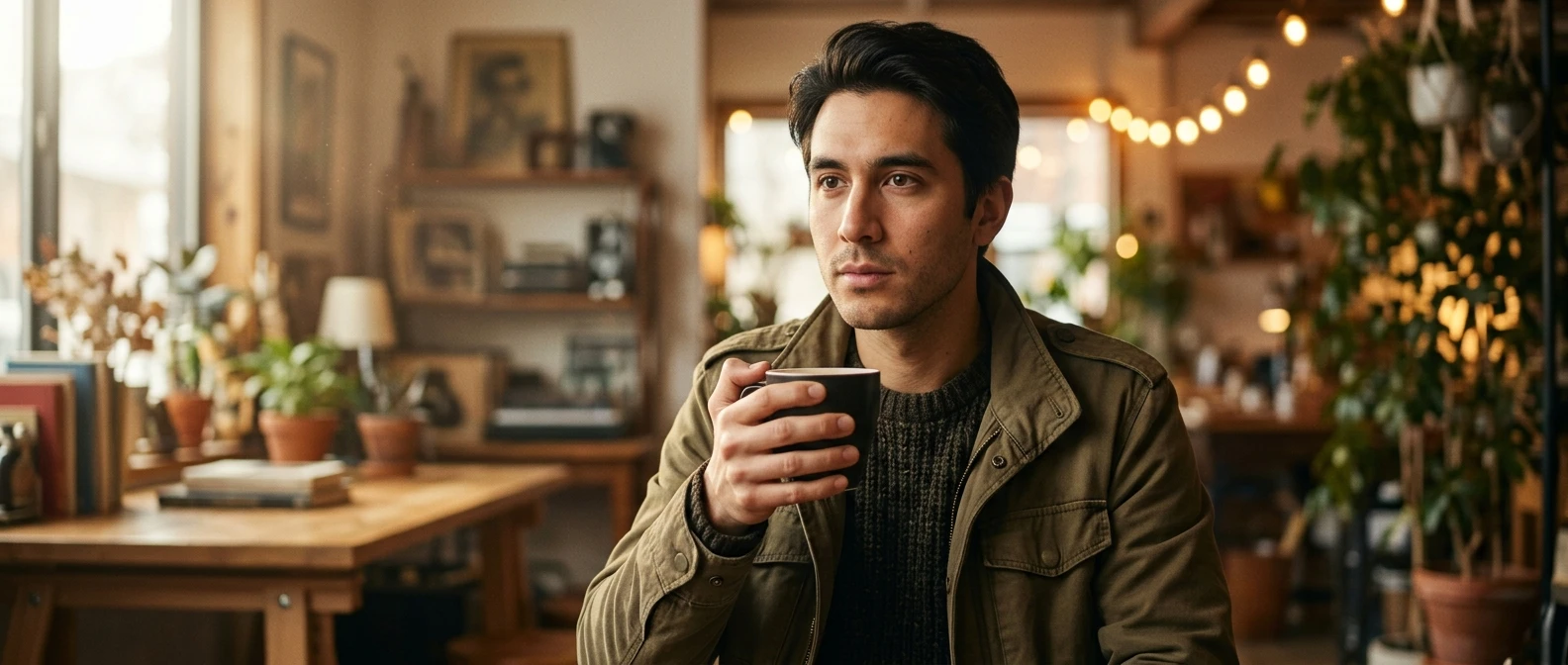 A digital portrait of a person generated by AI, sharp face and clothing, but the hand wrapped around a coffee cup has six fingers and an oddly bent thumb, lit in warm studio light against a soft blurred background.