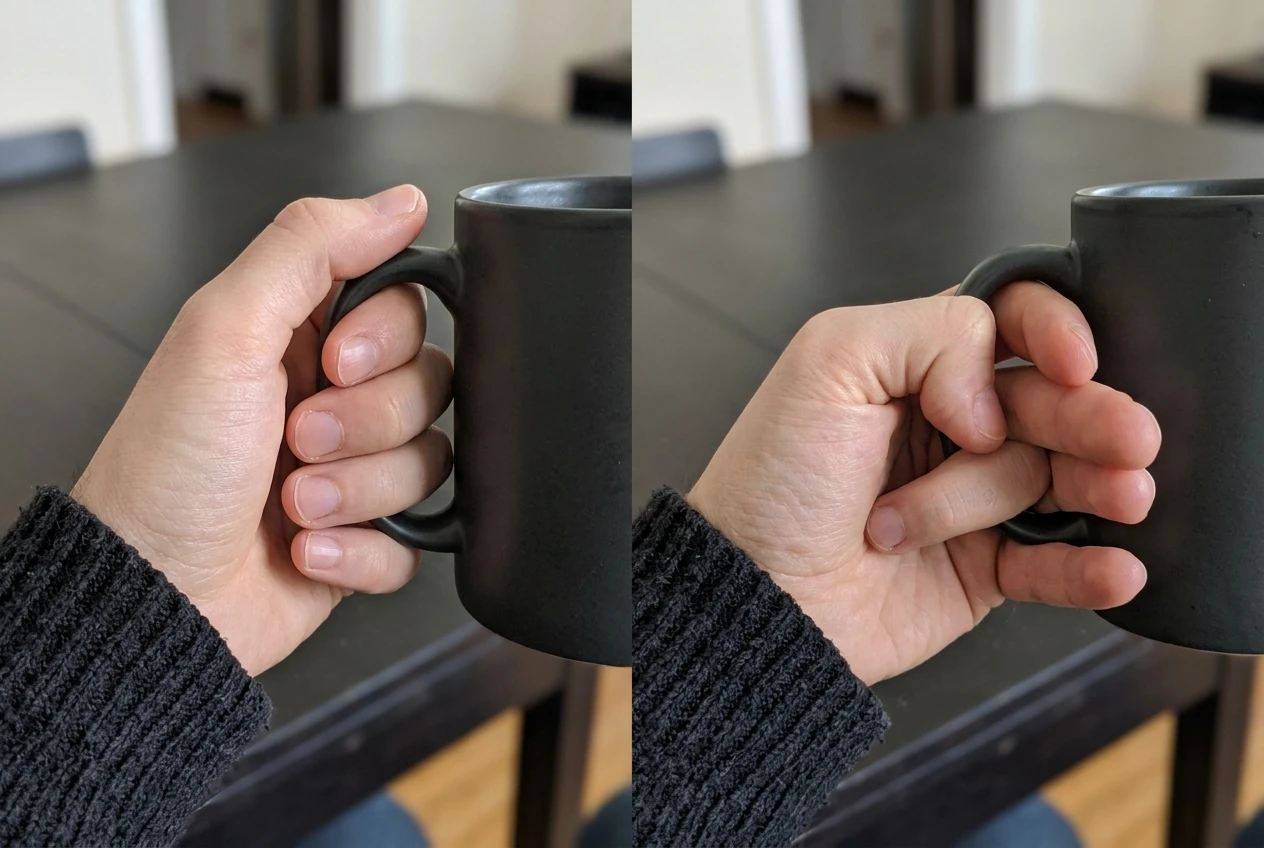 A split-screen comparison of the same rendered hand holding a mug: on the left viewed from the front with fingers neatly wrapped around the handle, on the right the identical hand viewed from the side with fingers overlapping into an unclear tangle, both under the same even light.