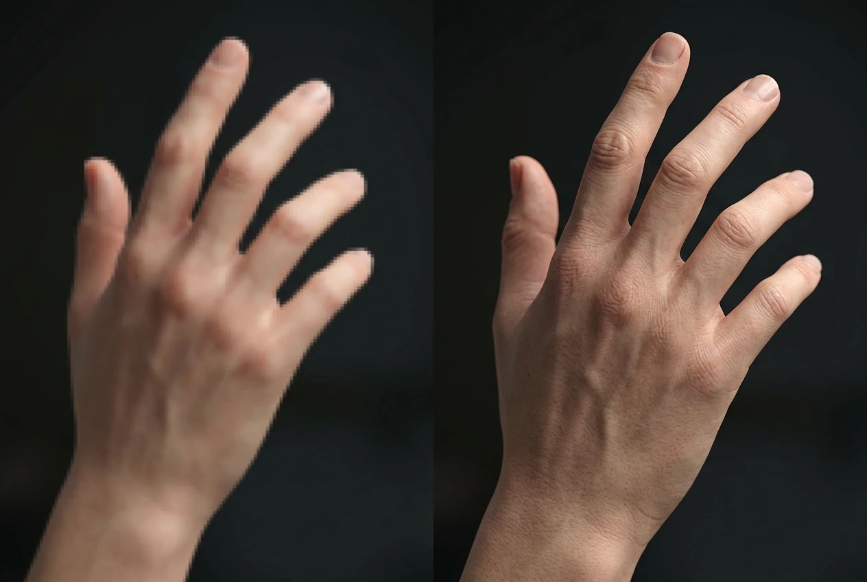 Two close-up renders of the same gesturing hand side by side: one small and low resolution where the fingers blur into soft stubs, the other larger and crisply detailed with each finger and knuckle clearly separated, both lit with the same soft directional light.