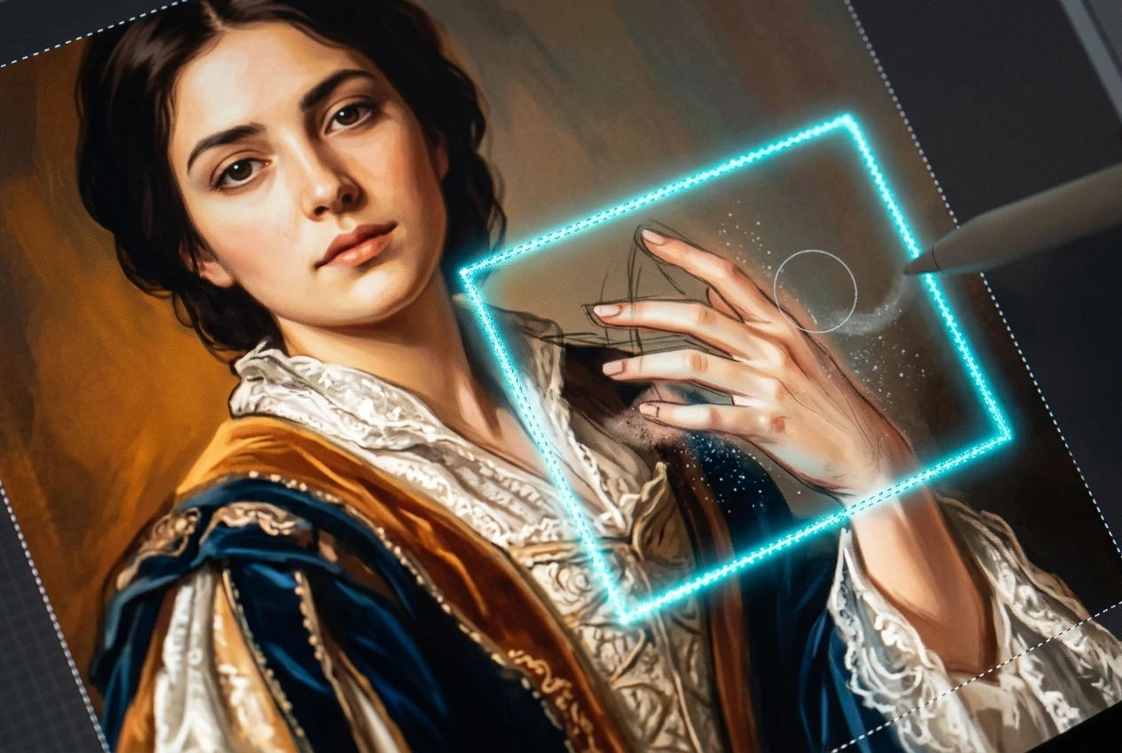 A close-up of a digital artwork on a canvas where a glowing rectangular selection outlines just the hand region of a portrait, the masked hand mid-correction with cleaner fingers emerging while the rest of the face and clothing remain untouched and in focus.