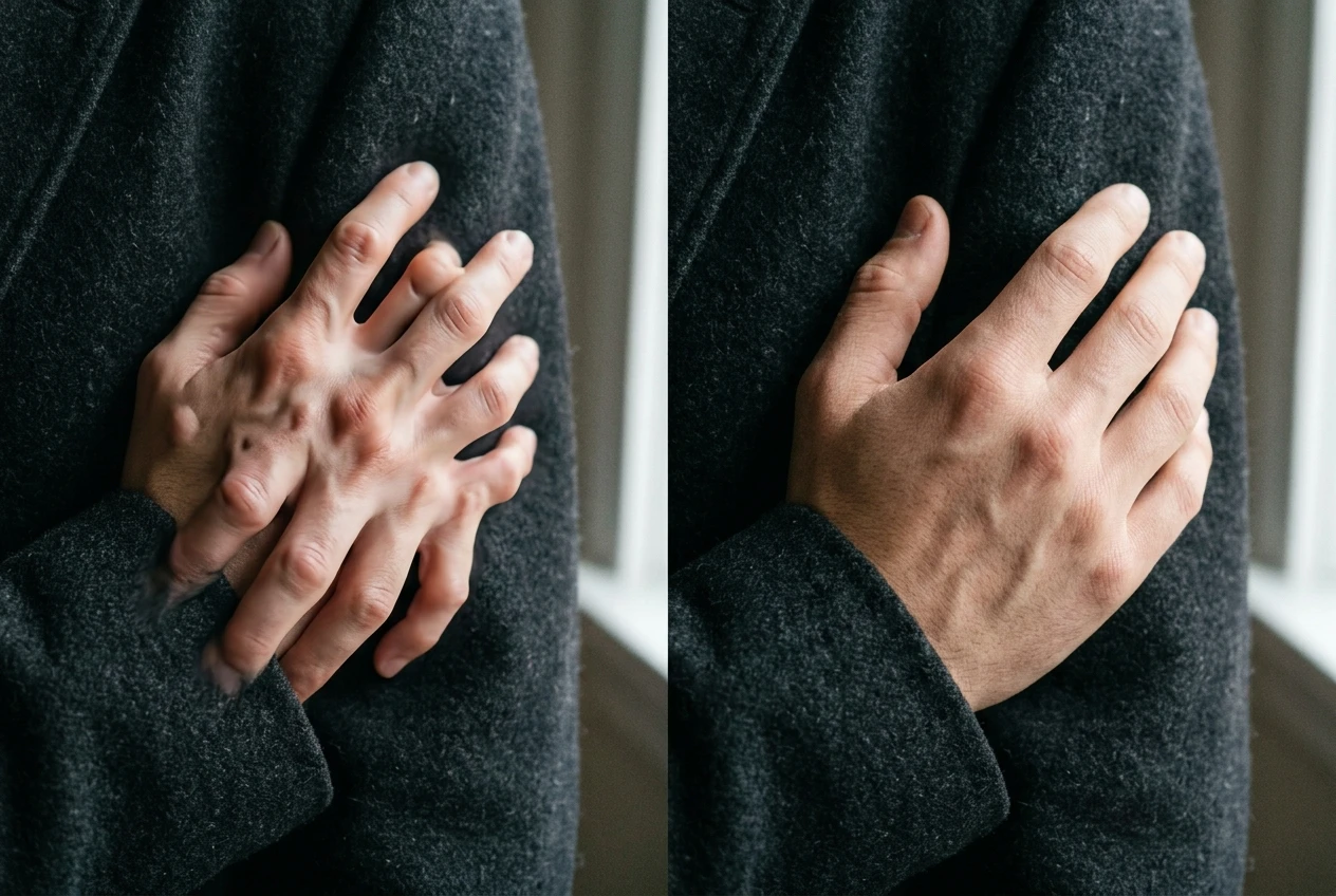 A severely malformed AI-generated hand fused into a smear of indistinct flesh-toned shapes resting against a sleeve, contrasted beside a freshly regenerated version of the same pose where the hand is turned naturally away from the camera and reads clearly as a hand.