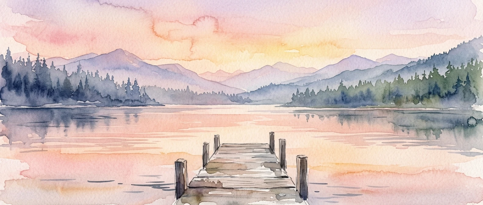 A soft watercolor painting of a calm mountain lake at sunset, with a wooden dock extending into the water, pale pink and orange washes bleeding into each other, visible paper texture, and a hazy tree line along the far shore.