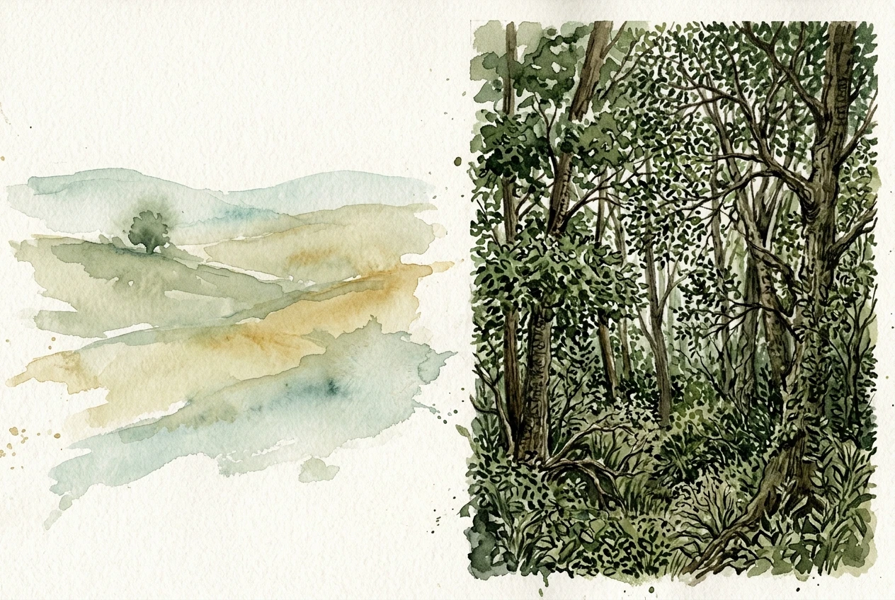 A side-by-side watercolor study showing a simple, soft-edged landscape of rolling hills with a single distant tree on one side, next to a busier, overly detailed forest scene with many individual leaves on the other, demonstrating how simplicity suits the medium.