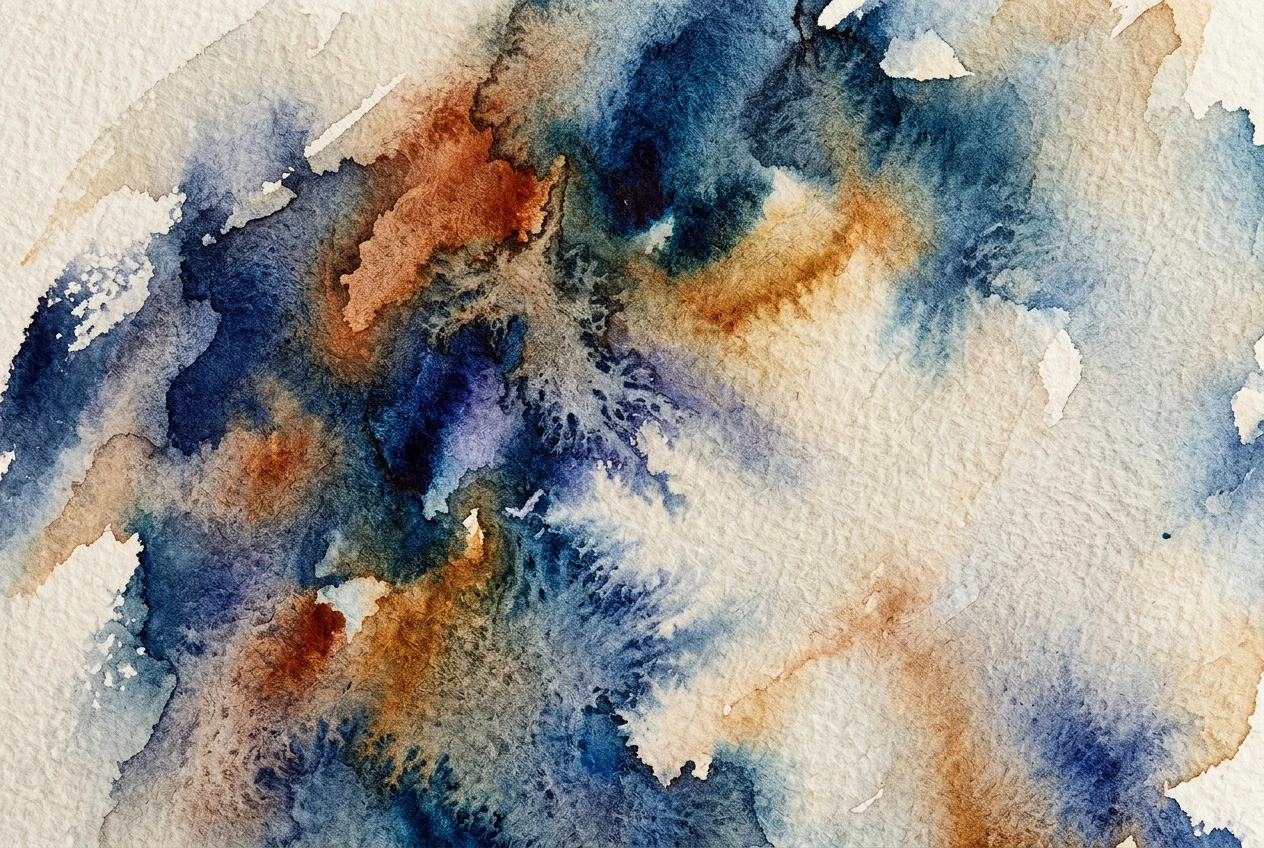A close-up watercolor texture shot showing pigment bleeding wet-on-wet across visible cold-press paper grain, with loose, undefined brushstrokes fading into soft, feathered edges.