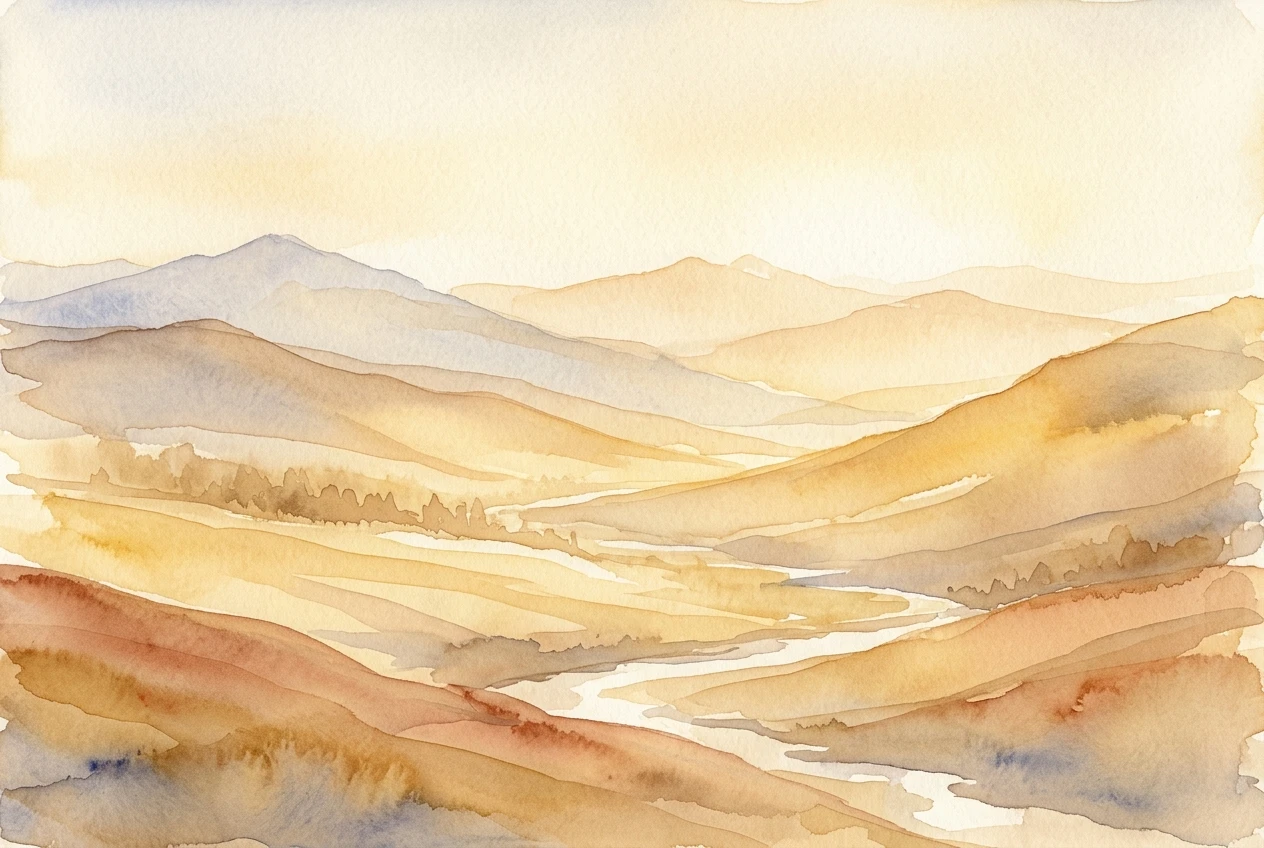 A watercolor landscape rendered in a limited palette of just two or three translucent hues, warm golden light washing over layered, see-through color gradients with no hard color blocks, paper visible beneath the thinnest washes.