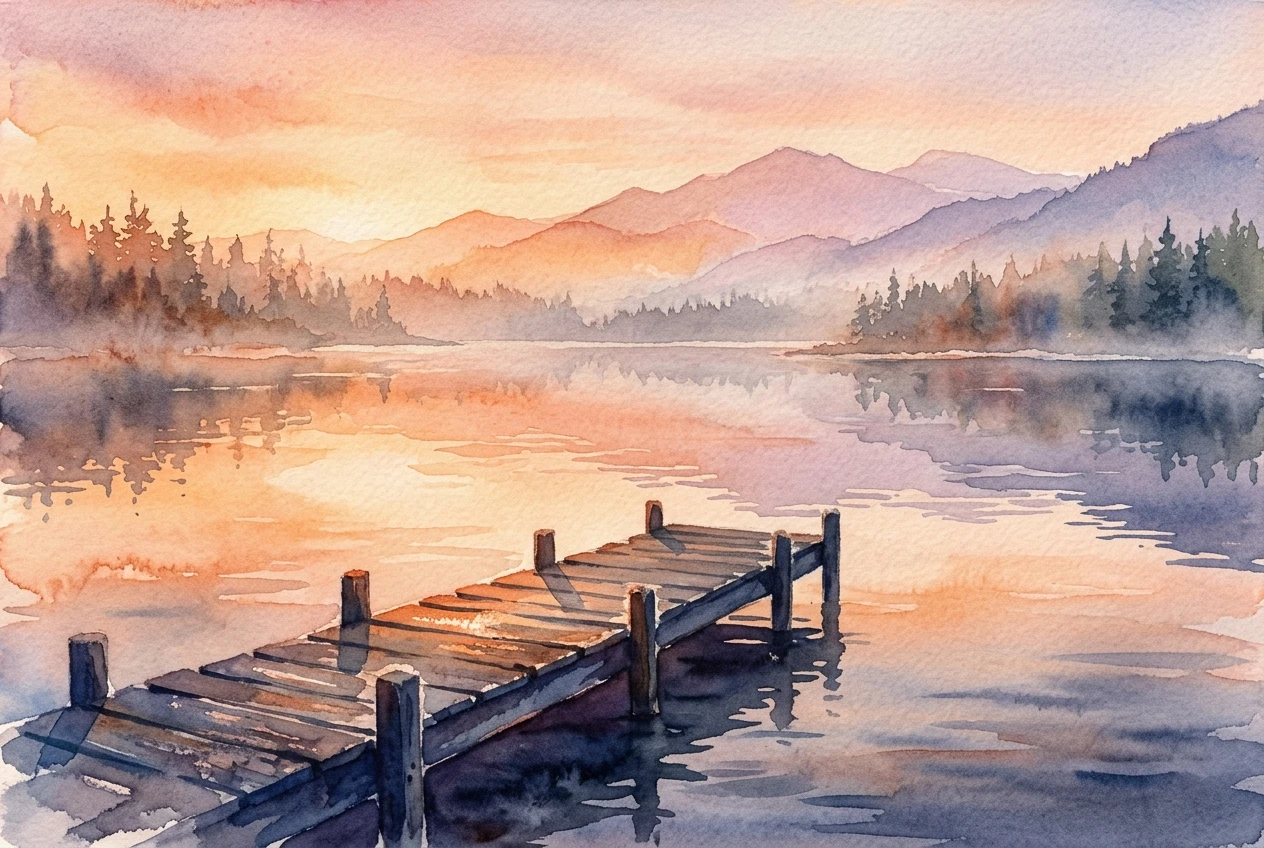 The finished watercolor painting described in the example prompt: a calm mountain lake at golden hour, a single wooden dock reaching into the water, soft bleeding edges, warm orange and pink tones, muted blue shadows, and atmospheric haze over a distant tree line.