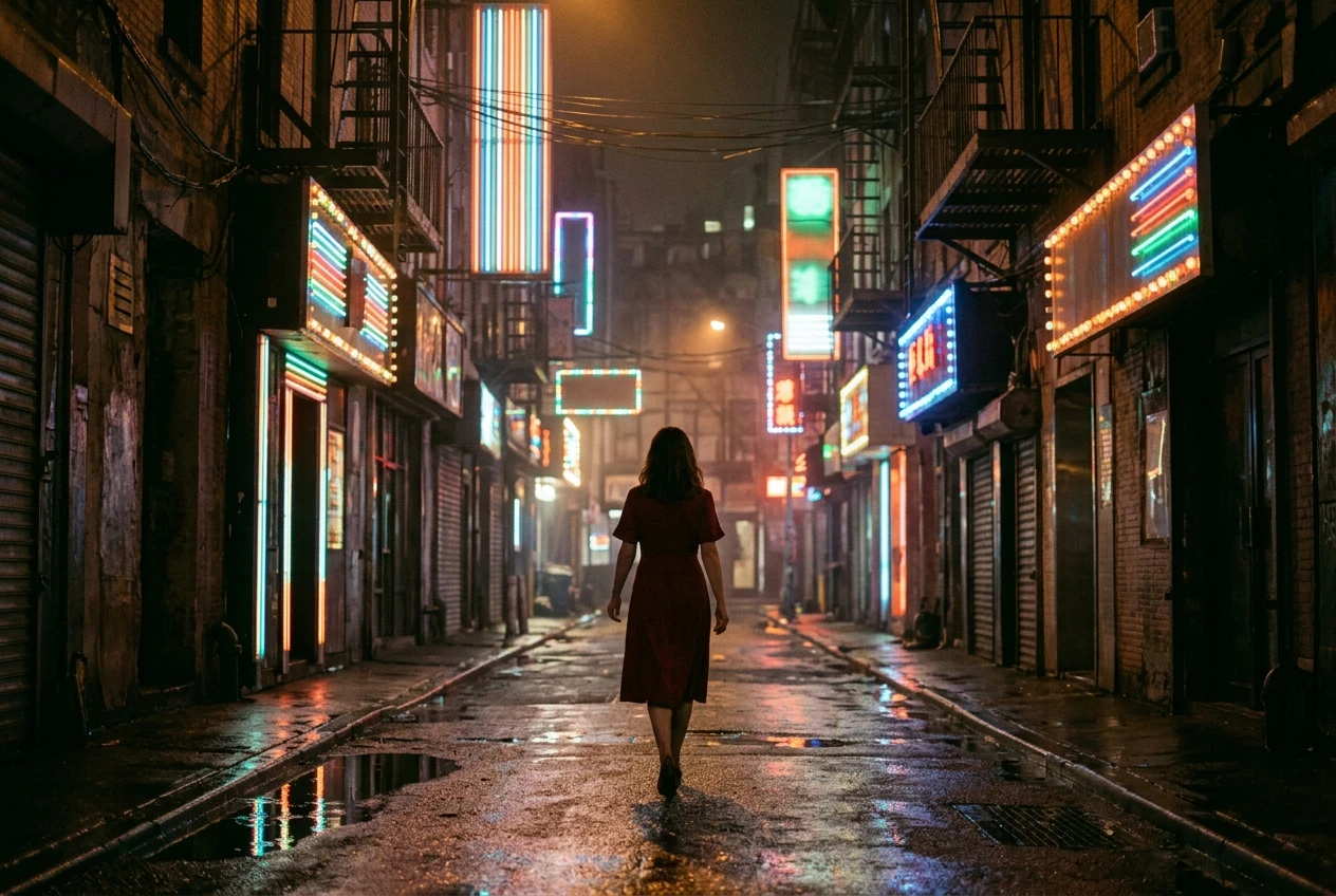 A woman in a red dress walking alone down a narrow city street at night, neon signs glowing above her and their colors reflecting in streaks across the wet pavement.