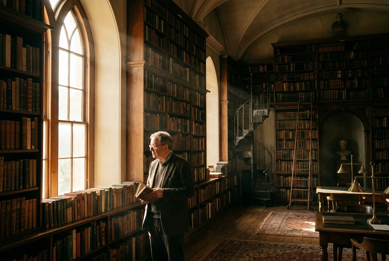 A man standing in an old library, lit from one side by a tall arched window, visible dust floating in the shaft of afternoon light, deep shadows falling across the opposite wall of bookshelves.