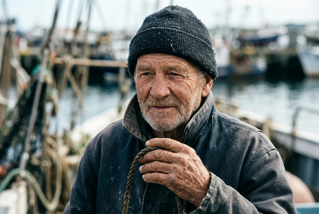 A close-cropped portrait of an old fisherman with deeply weathered skin and hands, his face in sharp focus while the background dissolves into a soft blur, evoking a shallow depth of field from a long lens.