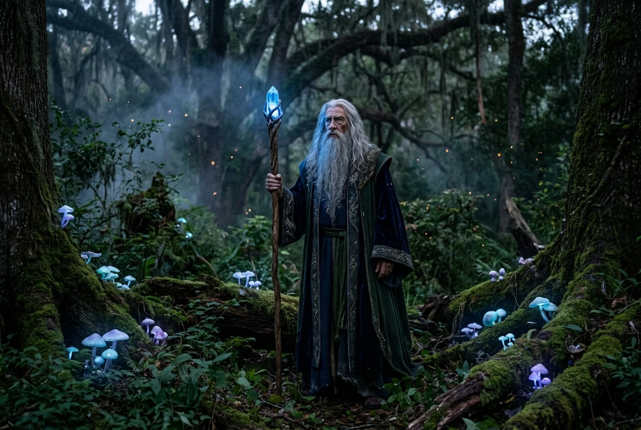 An elderly wizard with a long silver beard and ornate robes standing in a twilight forest, holding a wooden staff topped with a glowing blue crystal, surrounded by faintly glowing mushrooms.
