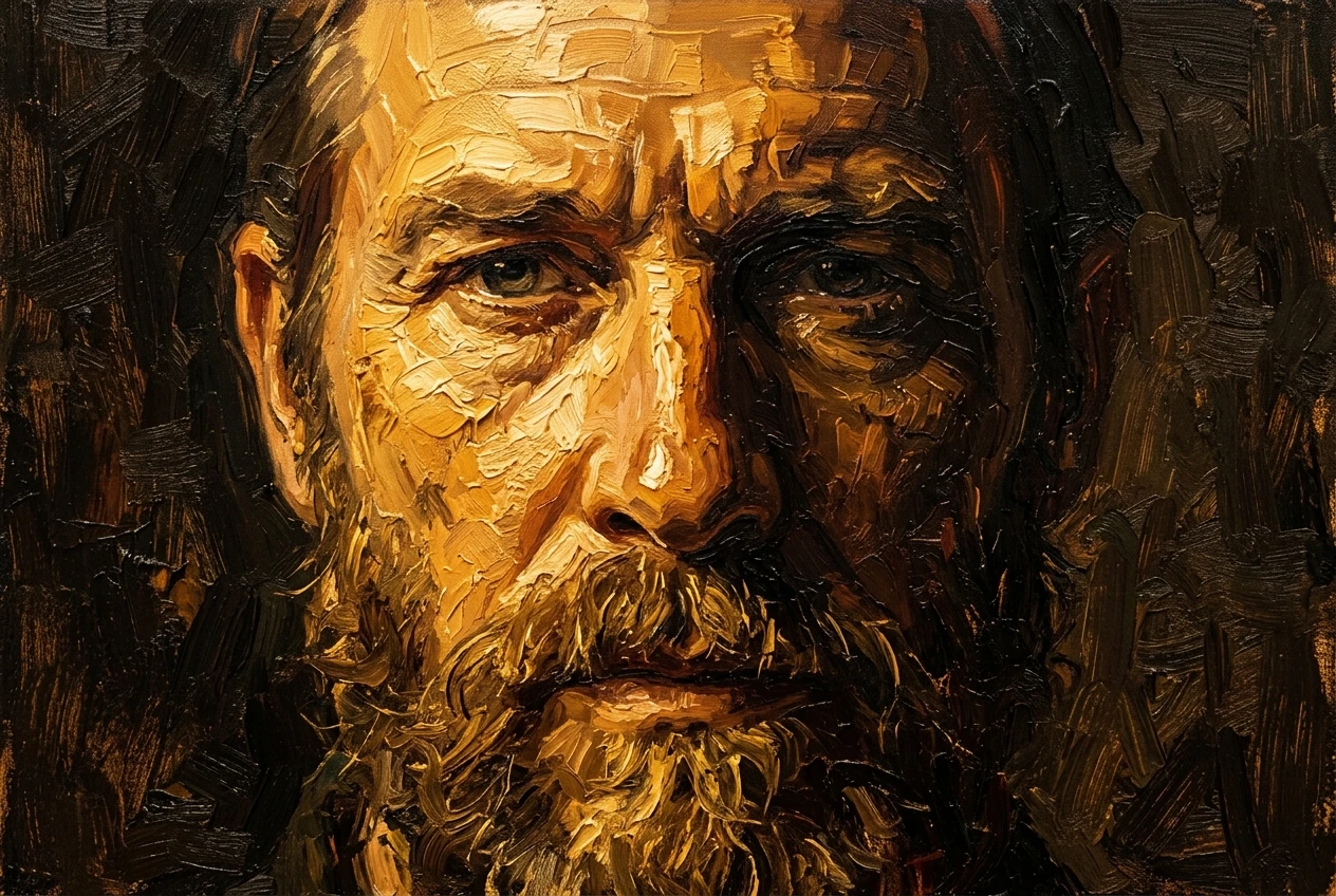 A close-up oil painting portrait of a man's face, thick visible brushstrokes, warm golden impasto texture, dramatic Rembrandt-style lighting with one side of the face in deep shadow.