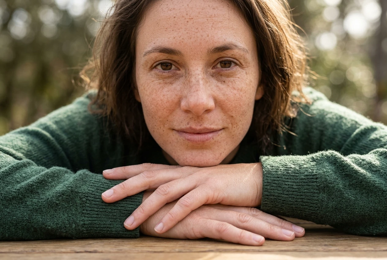 A clean close-up portrait of a woman with freckles, natural skin texture, single face, both hands visible with five fingers each, no text or watermark anywhere in the frame.