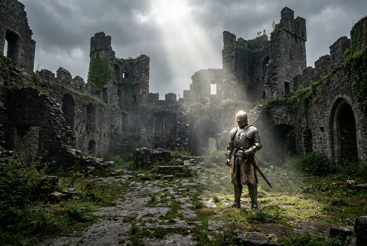 A knight standing in a ruined stone castle courtyard, a single shaft of sunlight breaking through overcast clouds and illuminating his armor against the crumbling grey walls.