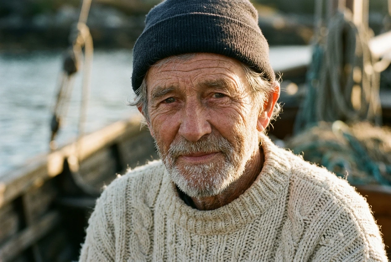A close-up portrait of an elderly fisherman with a weathered, sun-lined face and kind eyes, wearing a cream wool sweater, warm natural light grazing one side of his face, rendered in a soft photorealistic style.