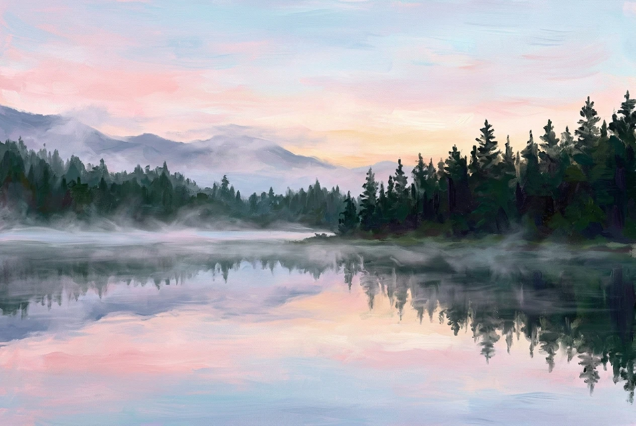 A quiet mountain lake at dawn, thin mist rising off still water, dark pine trees silhouetted along the shore, soft pastel pink and blue sky reflected on the surface, painted in gentle brushstrokes.