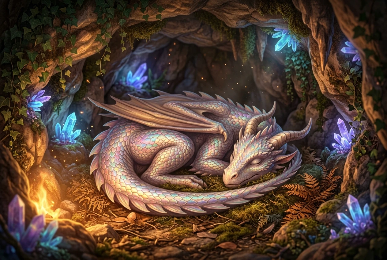 A friendly dragon with iridescent, rainbow-sheened scales curled up asleep inside a cozy stone cave, surrounded by glowing blue and violet crystals, warm amber firelight washing over the scene.
