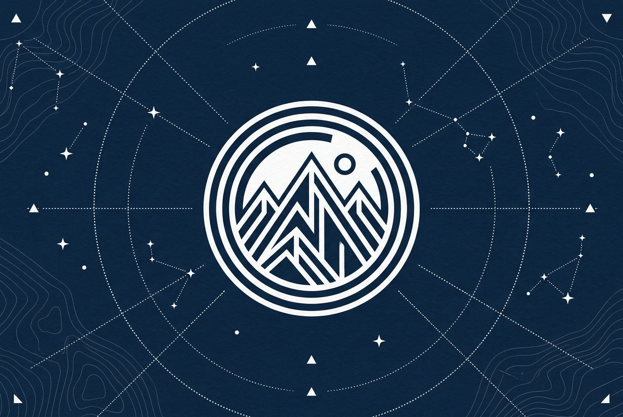 A minimalist logo of a mountain peak enclosed in a circle, flat two-color design in navy and white with clean geometric lines on a plain background.