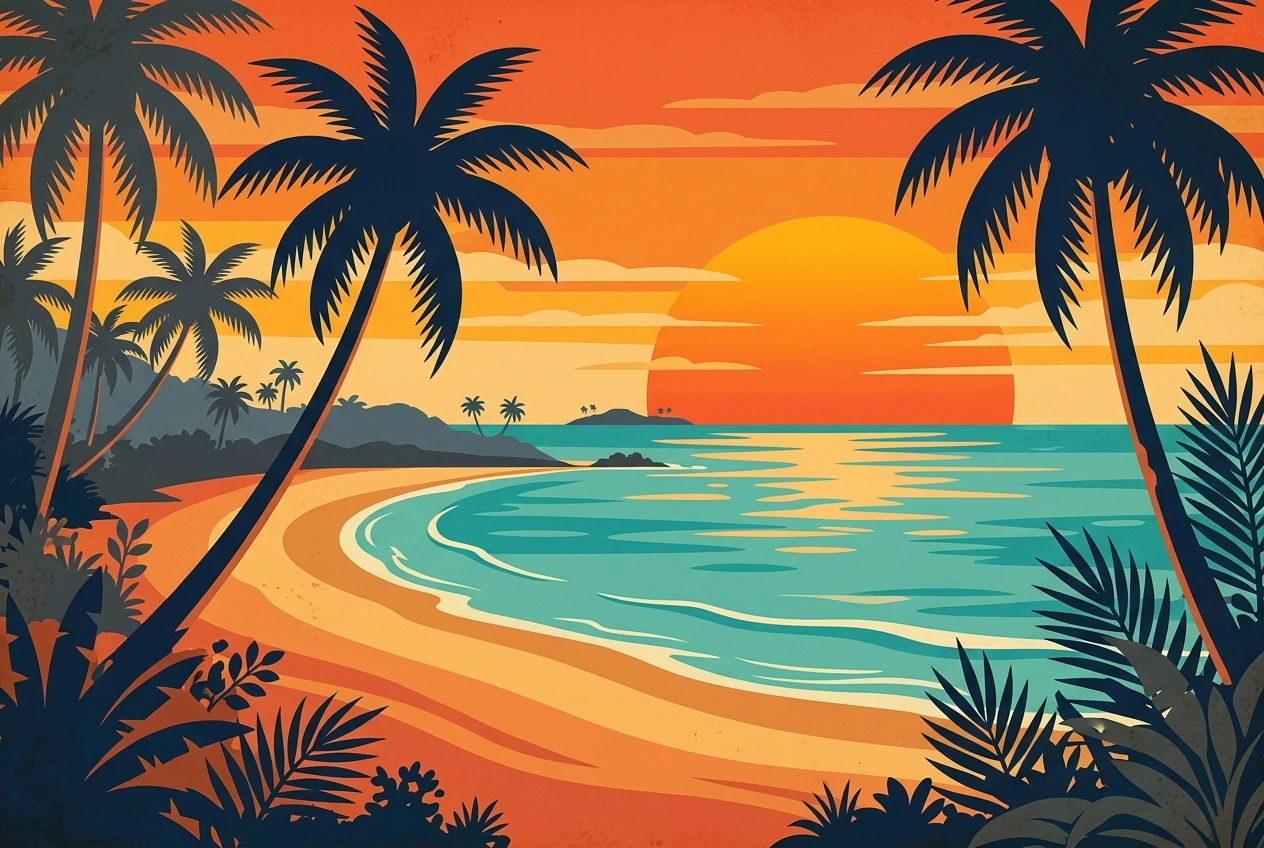 A retro 1960s-style travel poster for a tropical beach, bold flat colors, a bright orange sun, silhouetted palm trees, and a calm turquoise sea.
