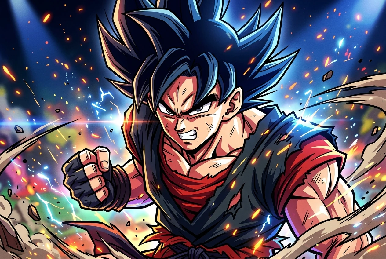 An anime hero portrait with spiky hair and a determined expression, rendered in bold black outlines and flat saturated color blocks, hard-edged cel shading separating light from shadow on the fa