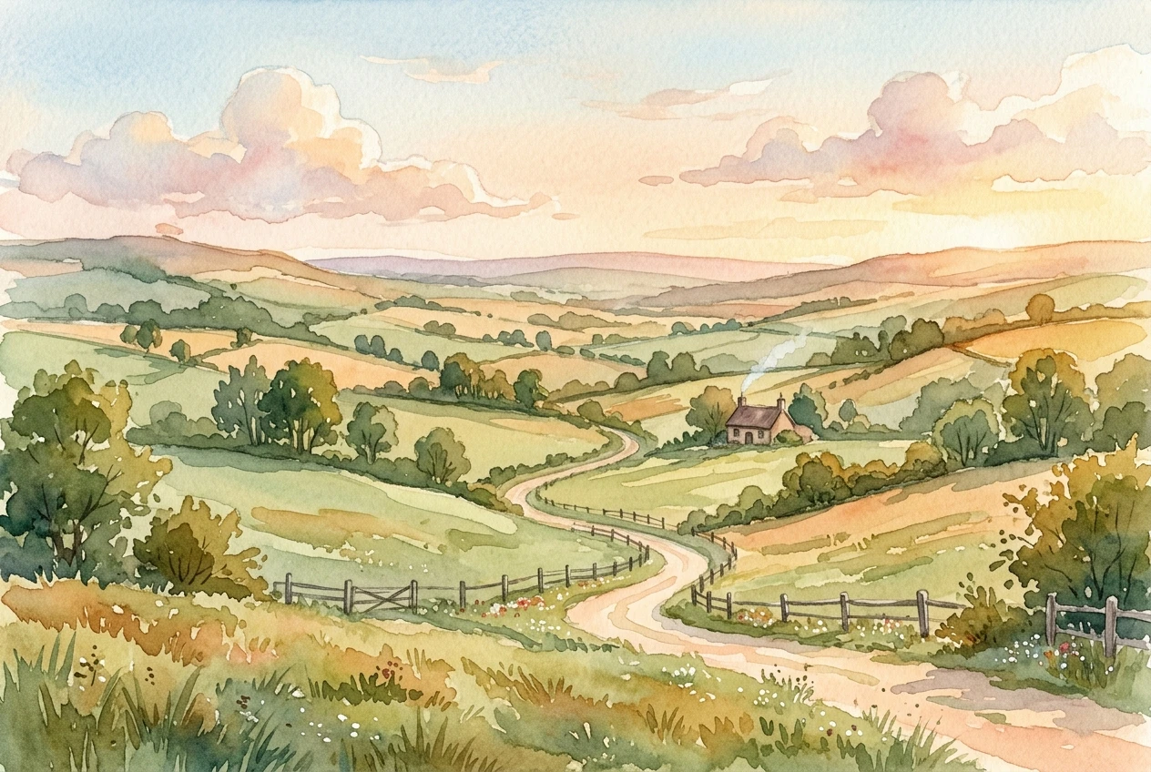 A wide countryside landscape in soft pastel colors with visible hand-painted watercolor brush texture, rolling green hills under warm golden afternoon light, a whimsical gentle glow over the whole scene.