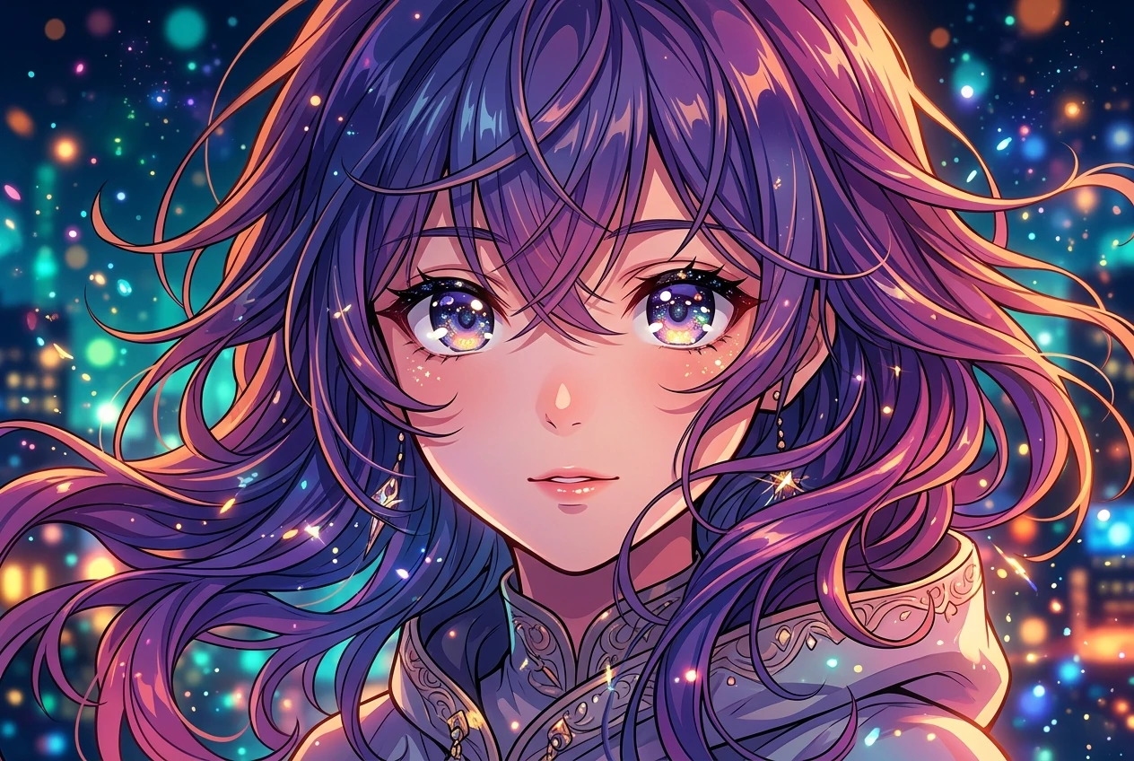 A close-up anime portrait with sharp clean vector-like linework, glossy reflective highlights sparkling in the eyes, vibrant gradient lighting across detailed hair strands, smooth cel shading and a vivid color palette.