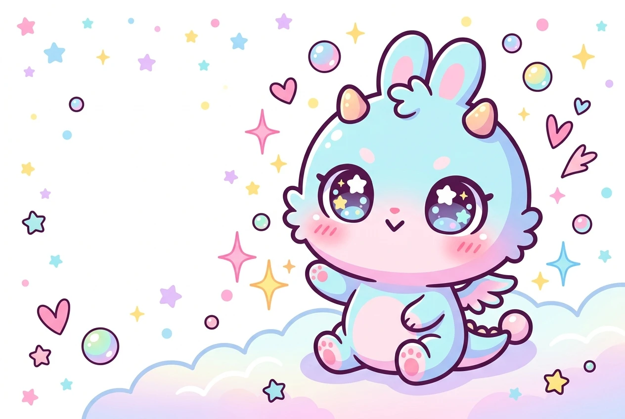 A chibi mascot character with an oversized head and tiny round body, big sparkling eyes, simple rounded features and bright flat colors, posed cutely against a clean white background.