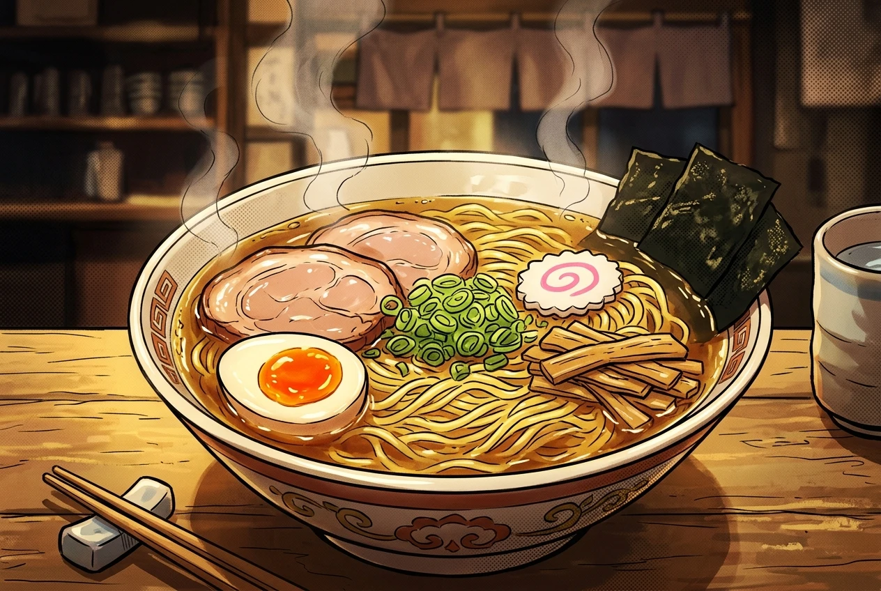 A steaming bowl of ramen rendered in anime still-life style, visible steam curling upward, bold ink outlines and cel-shaded highlights on the broth and noodles, warm appetizing light against a screentone-patterned background.