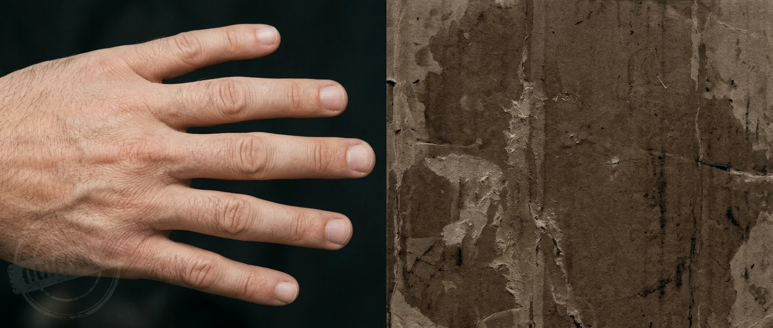 A split-screen AI-generated portrait render: on one side a hand with six fingers and a faint ghosted watermark in the corner, on the other a smudged brownish background like wet cardboard, both lit with flat studio lighting.
