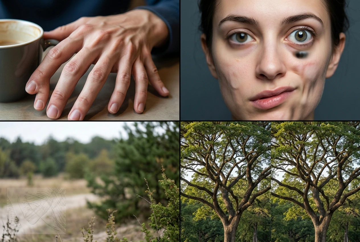 A close-up grid of small AI-render thumbnails each showing one common flaw: a warped hand with extra fingers, an asymmetrical blurred face, a faint watermark ghost in the corner, and a duplicated tree cloned twice in a frame.