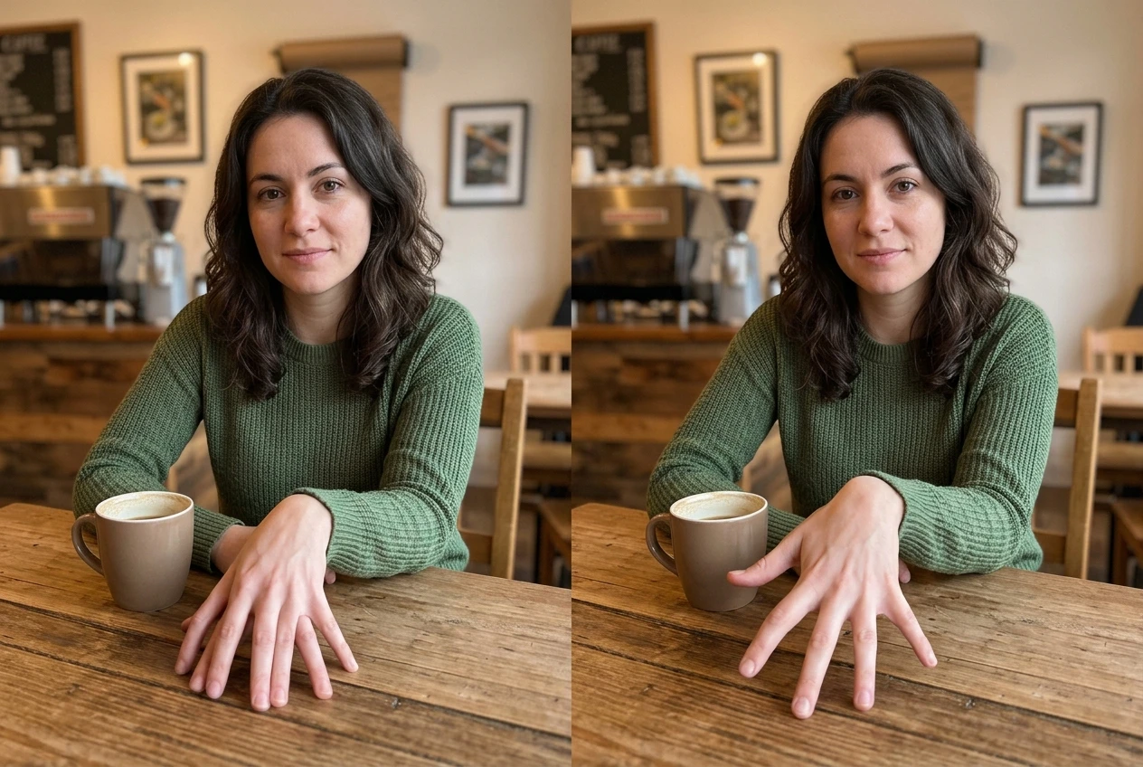 A before-and-after pair of the same AI portrait: the left version has a distorted hand with extra fingers, the right version has a correctly formed hand but the fingers are now oddly repositioned, showing the artifact moved rather than vanished.