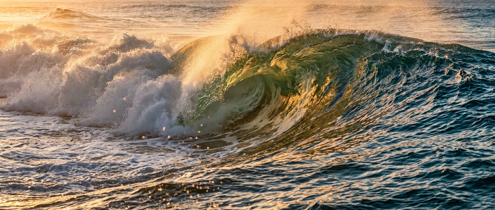 A powerful ocean wave caught mid-break at golden hour, its crest curling into a translucent hollow barrel with sunlight glowing through the water, dense white foam streaming off the lip, shot from water level with warm amber light on the spray.