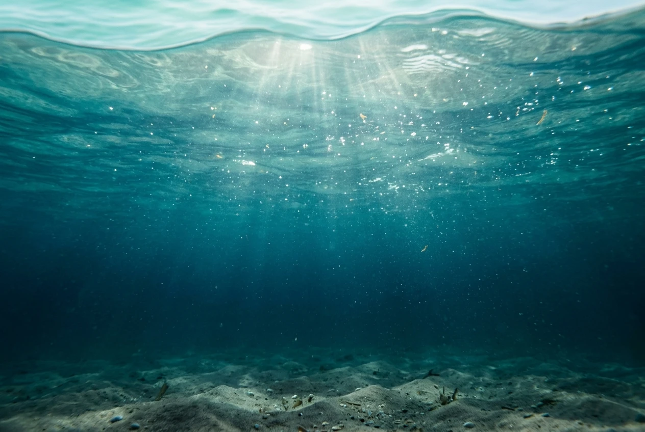 A close-up cross-section view of shallow seawater showing a pale turquoise surface layer deepening to teal and navy, with fine suspended sediment particles catching sunlight near the top and a sandy seabed fading into darker blue below.