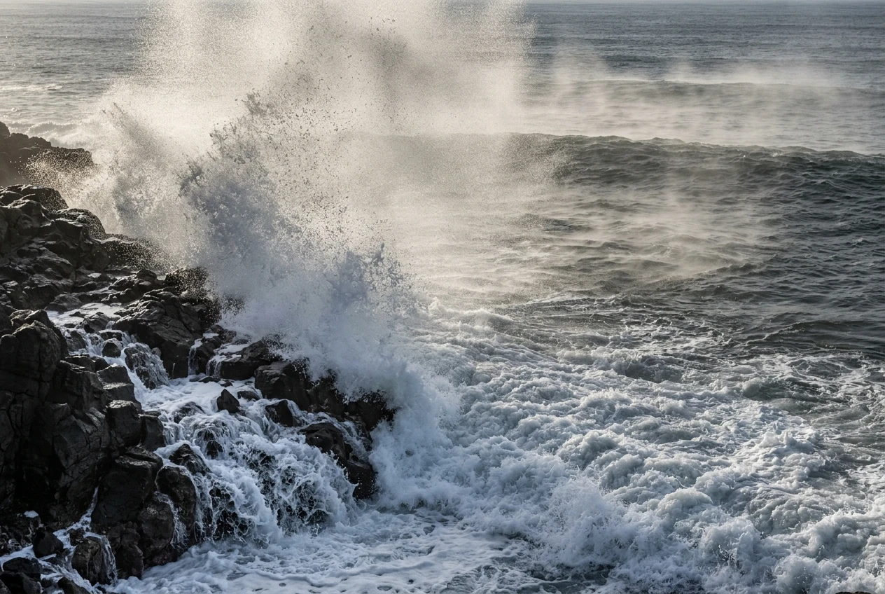 A wave breaking against dark rocks, showing three distinct layers side by side: dense white foam clinging to the base, fine airborne spray droplets catching sunlight mid-air, and a thin low mist drifting just above the water's surface.
