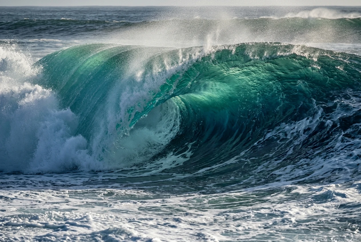 A large wave captured at the moment of breaking, its crest curling over into a hollow barrel shape with light passing through the thin translucent face, whitewater spilling from the lip as the wave moves toward the camera.