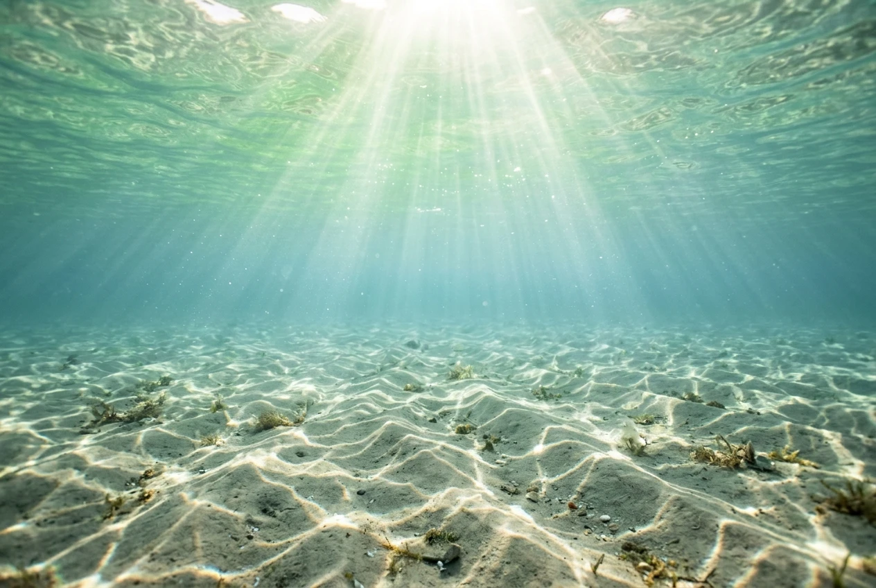 An underwater view of shallow water with shafts of sunlight piercing the surface and scattering into rippled caustic light patterns across a sandy seabed, the water glowing pale green near the light source.