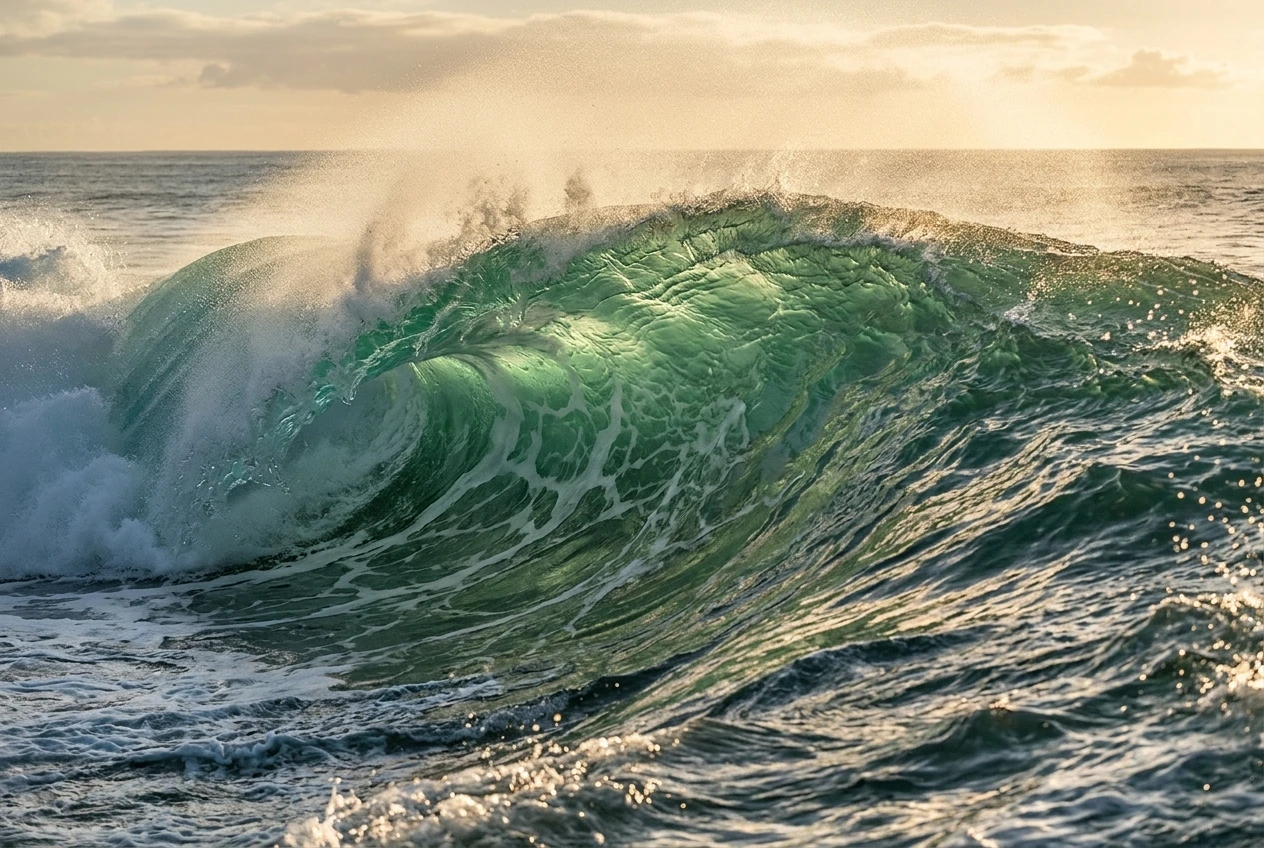 A finished photorealistic ocean scene combining every element described: a hollow breaking wave lit from behind in jade green, foam thinning into lace patterns on its face, backlit spray drifting off the crest, and scattered specular highlights following the curve of the swell under low golden-hour