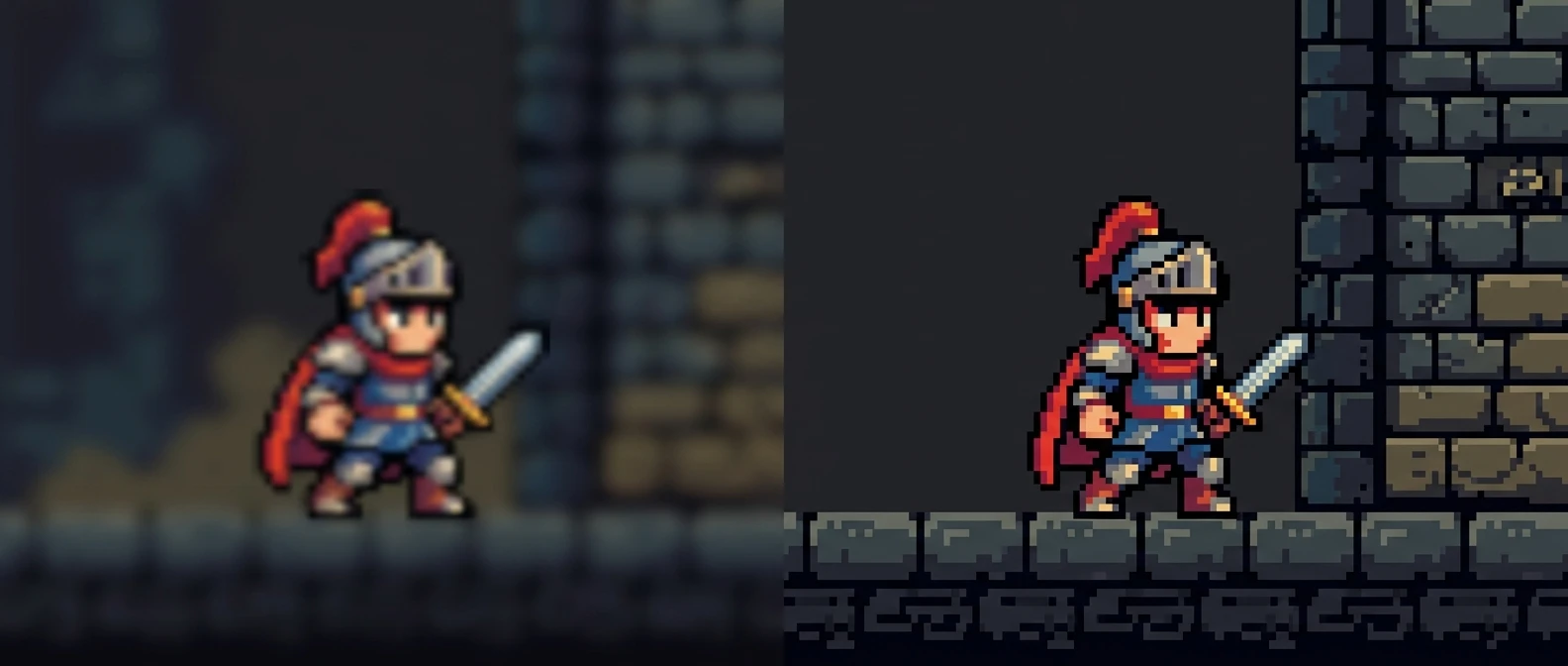 A split-screen comparison: on the left a blurry, smeared pixelated image with soft gradient edges and no clear grid, on the right a crisp 8-bit style sprite of a small character with sharp blocky pixels and a limited color palette, both on a dark neutral background.