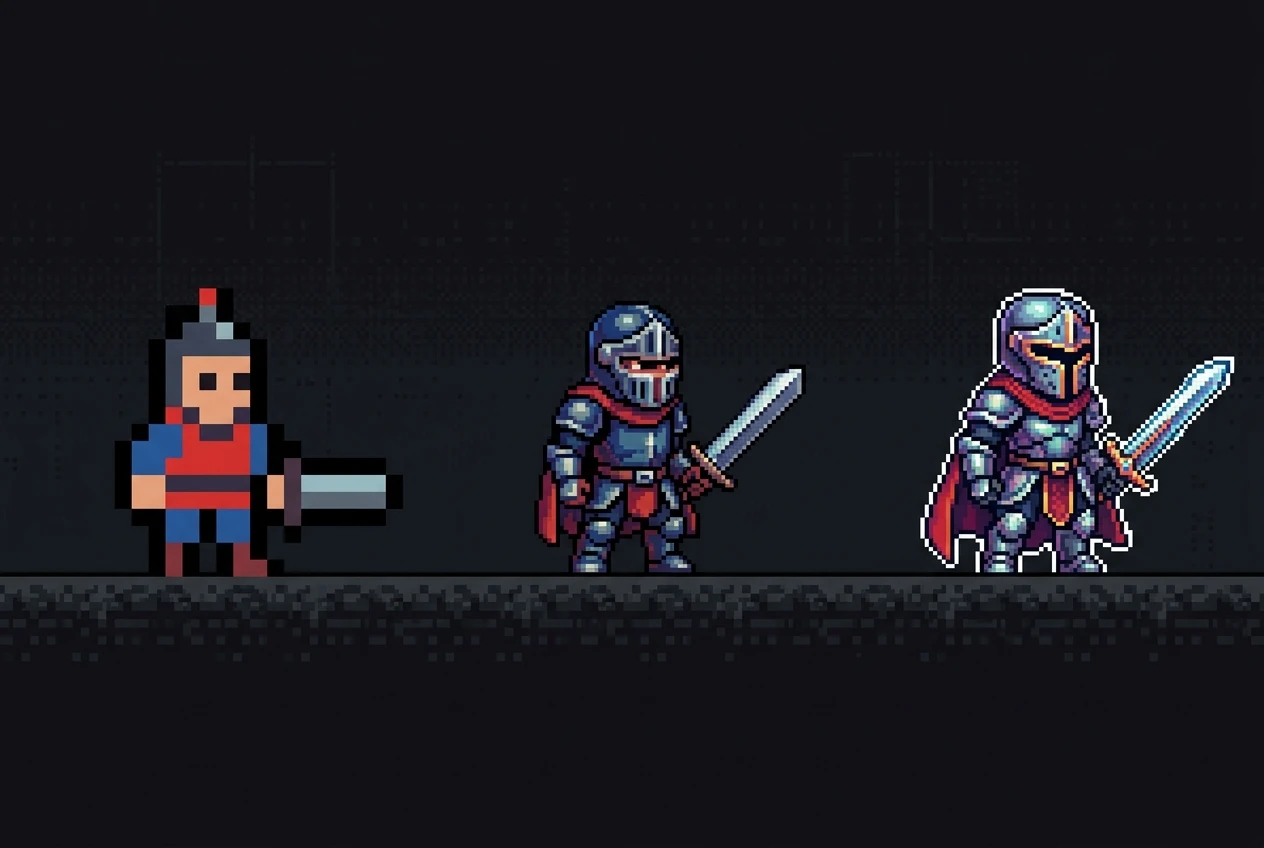 Three small game-style character sprites lined up side by side: a stark blocky figure with only four flat colors labeled by its chunky simplicity, a more detailed figure with visible shading bands and a richer palette, and a cleaner modern sprite with crisp outlines and more colors, all on a plain d