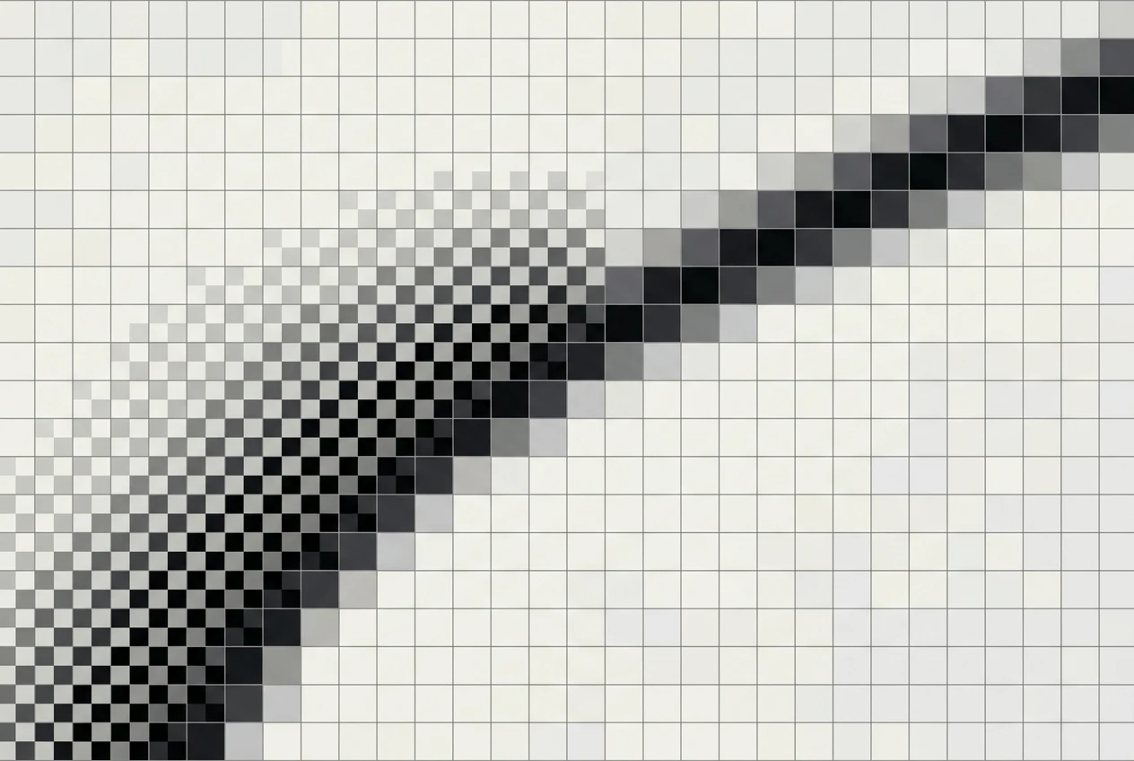 A close-up zoomed pixel grid showing a shaded curve: one half uses a checkerboard pattern of alternating light and dark pixels to fake a gradient, the other half shows a smooth stair-step diagonal line softened with intermediate shade pixels along its edge.