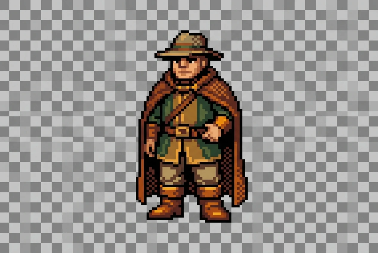 A single 16-bit style pixel art sprite of a character standing in a front-facing idle pose, rendered in a warm earth-tone palette of sixteen colors, with dithered shading on one side, smooth anti-aliased curved edges, chunky visible pixels aligned to a grid, set against a transparent checkered backg