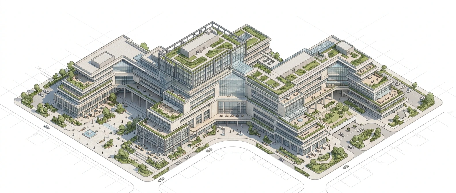 A crisp isometric rendering of a single modern building, all three visible facades drawn at perfectly equal angles with no converging lines, pale sunlight, faint grid lines ghosted beneath the structure on a clean white background.
