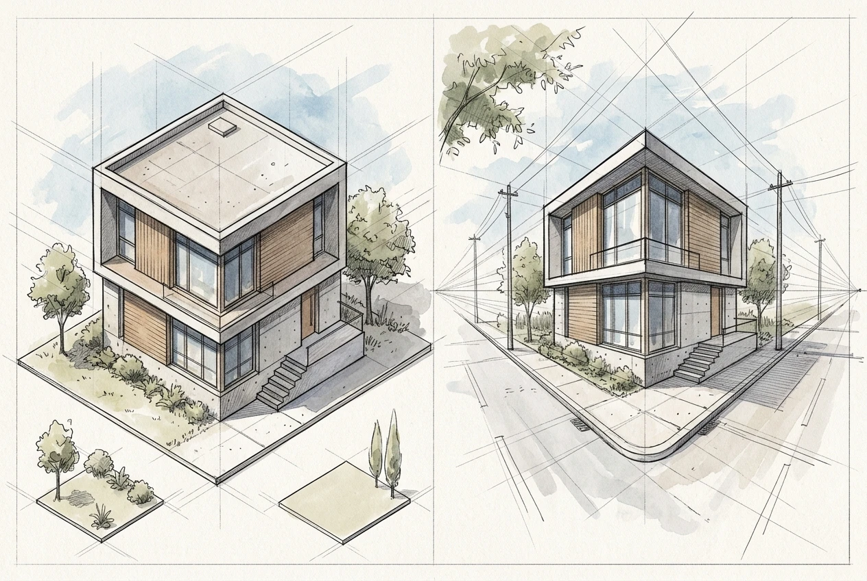 Two small building studies side by side: on the left a boxy structure in isometric projection with perfectly parallel edges, on the right the same type of building shown from a street corner in two-point perspective with its lines visibly converging toward two distant points on the horizon.