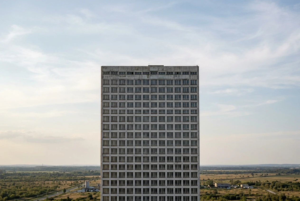 A single building seen from a distant, elevated camera position, centered and square in the frame, its window grid repeating in perfectly even rows and columns across the facade, open sky as negative space around it.